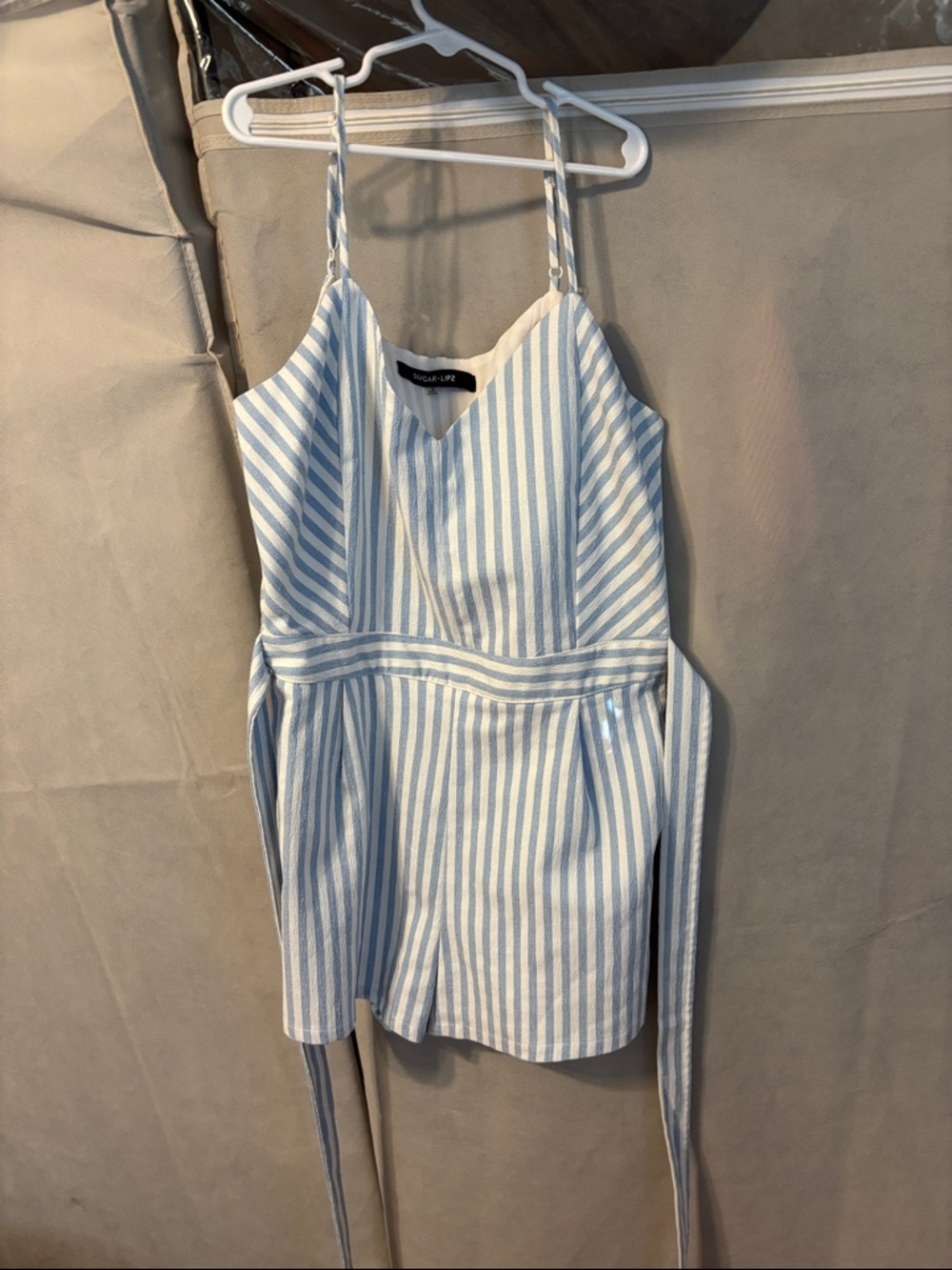 Sugarlips Blue and White Striped romper shorts.